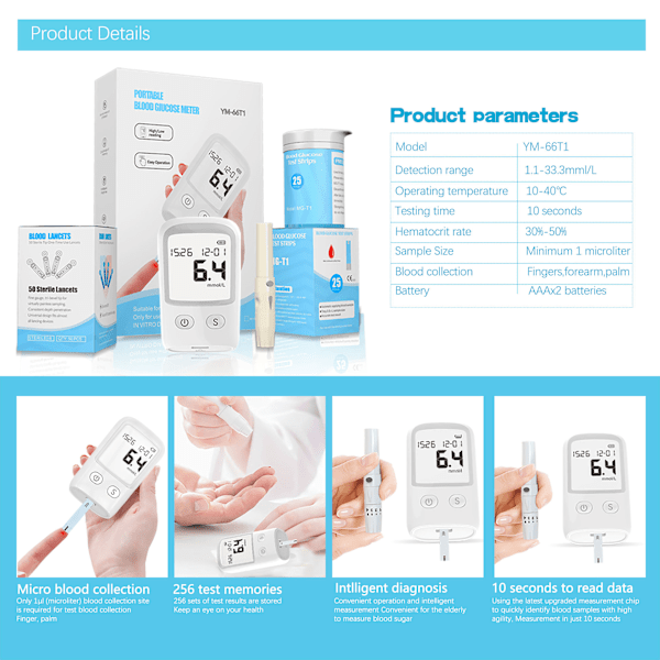 Hemoglobinmätare Hemoglobin Testkit Glucometer Mäter Blodsocker, 50 Test