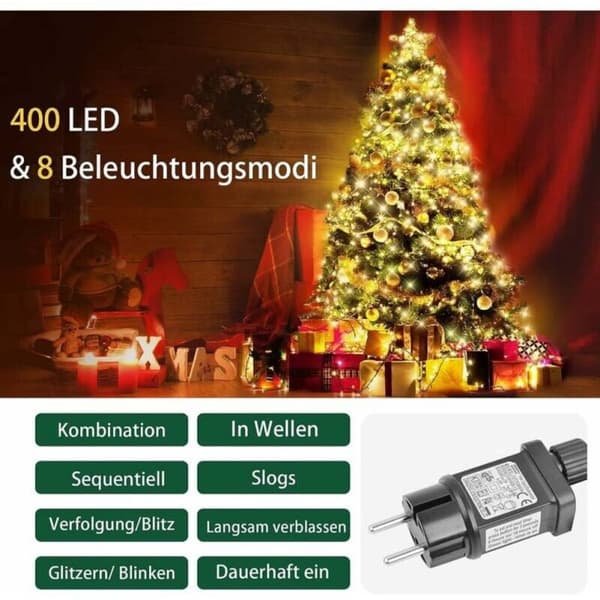 2M 400LED Juletræslys 8 Tilstande Timer Vandtæt Varm Hvid