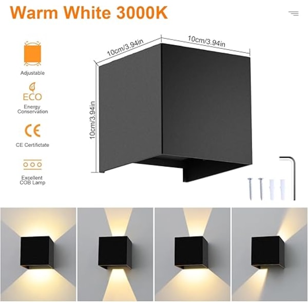 4 kpl Sisä-/ulkokäyttöön tarkoitettuja seinävalaisimia, säädettävä valokeilan kulma 12W LED-seinävalaisin 3000K lämmin valkoinen musta IP65 vedenpitävä ulkoseinävalaisin [Energialuokka F]
