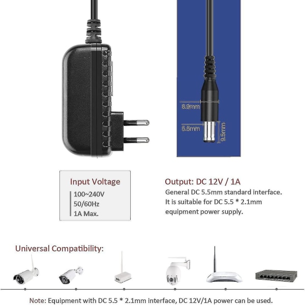 12v 1a Dc-virtalähde Ip/cctv-valvontakameroille, Ac-Dc-virtajohto, Laturi, Lähtö Dc 12v 1000ma, Tulo Ac 100v-240v/50 Tai 60hz/0.4a Max,