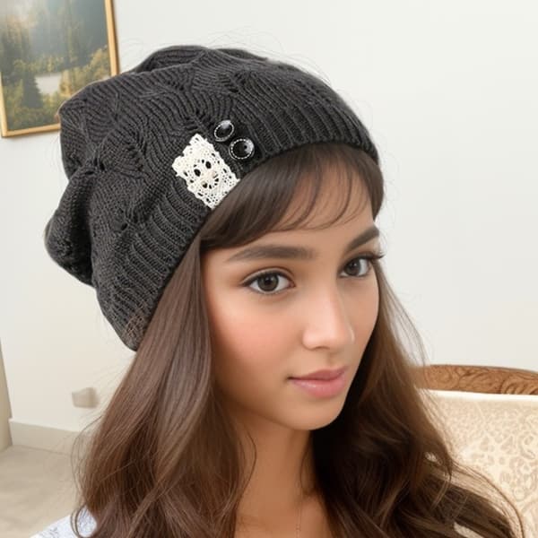 Strikket ullhatt med hule blader, blondeknapper, varm hatt for kvinner, pullover-beret Dark gray