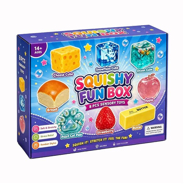 8-pack Squishy Sensoriska Leksaker Set Söta Matformade Stressavlastande Fidget Squish Box för Barn Autism Ångestlindring Klämleksaker