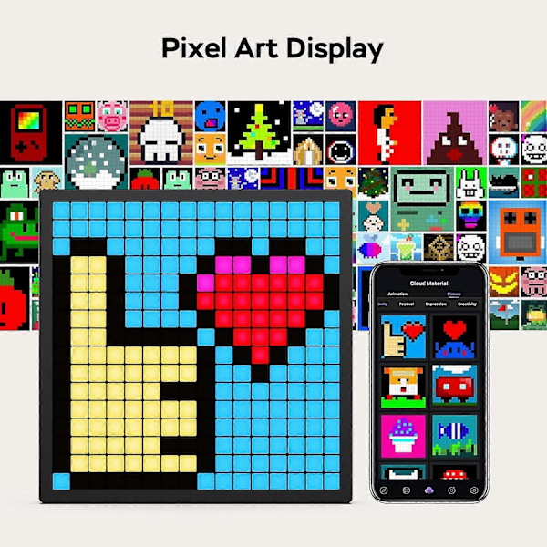 LED Pixel Display, 16x16 Programmerbar Pixel Art Display med APP-kontroll, Kreative Animasjoner, Morsom Tekst og Digital Klokke, Spilltilbehør til Skrivebord