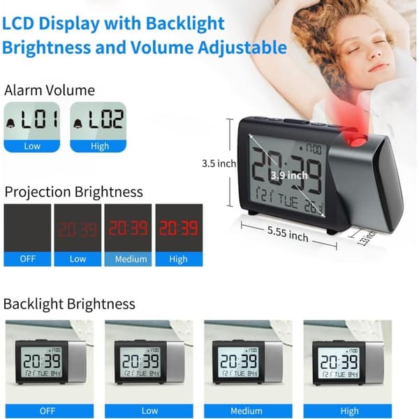 Projektionsväckarklocka LCD Tid/Temp/Datum 12/24H Dimbar