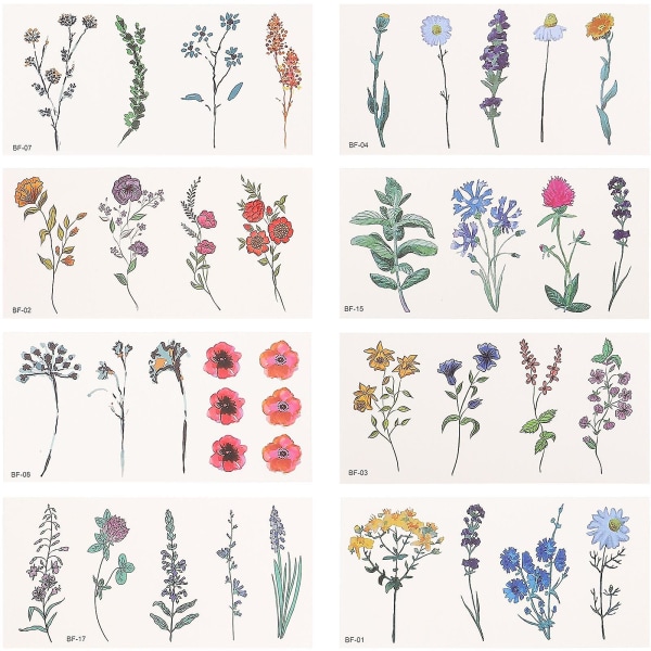 8 ark Blomstertatoveringsklistremerker 3d-blomst midlertidige tatoveringsklistremerker for kvinner
