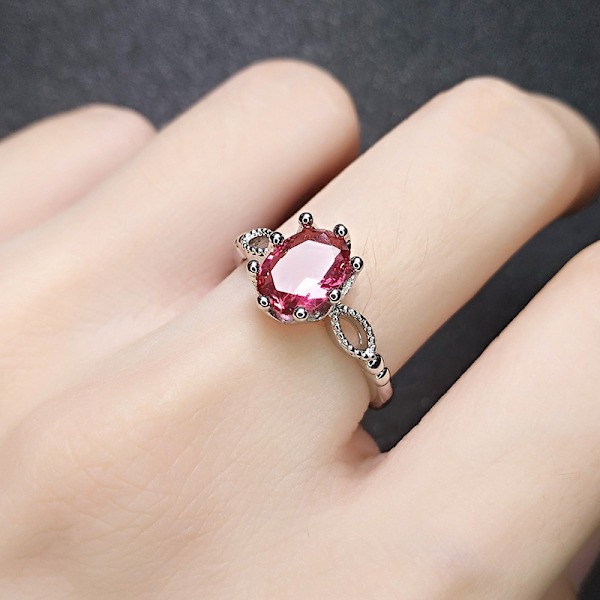 925 Silver Cubic Zirconia Justerbar Storlek Ring, Simulerad Diamant Ovalslipad Rubin Safir Ametist Vigselring Förlovningsring Öppen Ring rose red