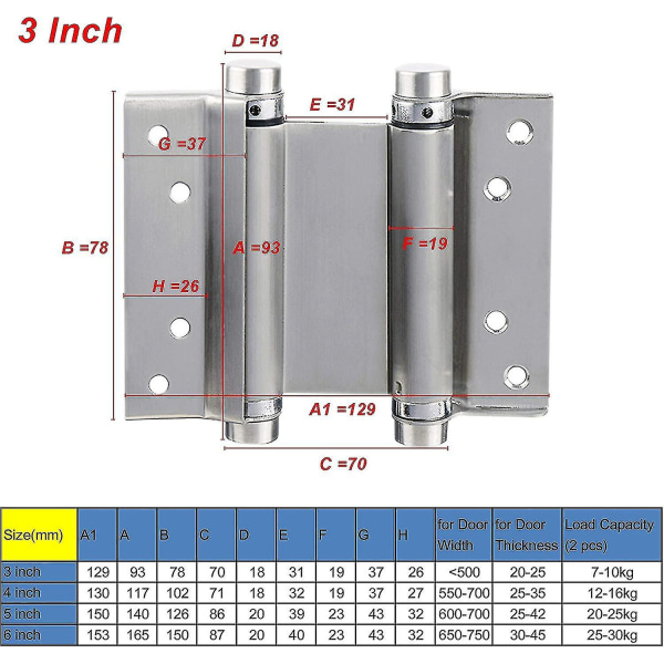 Fjærhengsler (78 mm) Selvlukkende rustfritt stål dobbeltvirkende svingdørhengsler (2 stk)