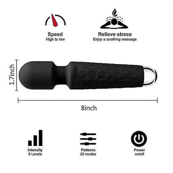 Wandmassager, sladdlös elektrisk massageapparat med 8 extremt kraftfullt hastighetsområde och 20 pulser - USB uppladdningsbar (svart)