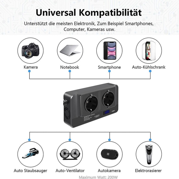 200w Bilomformer, Spenningsomformer 12v Til 220v Med Smart Tidsvisning Lcd, 2 Stikkontakter Og 4 Usb C