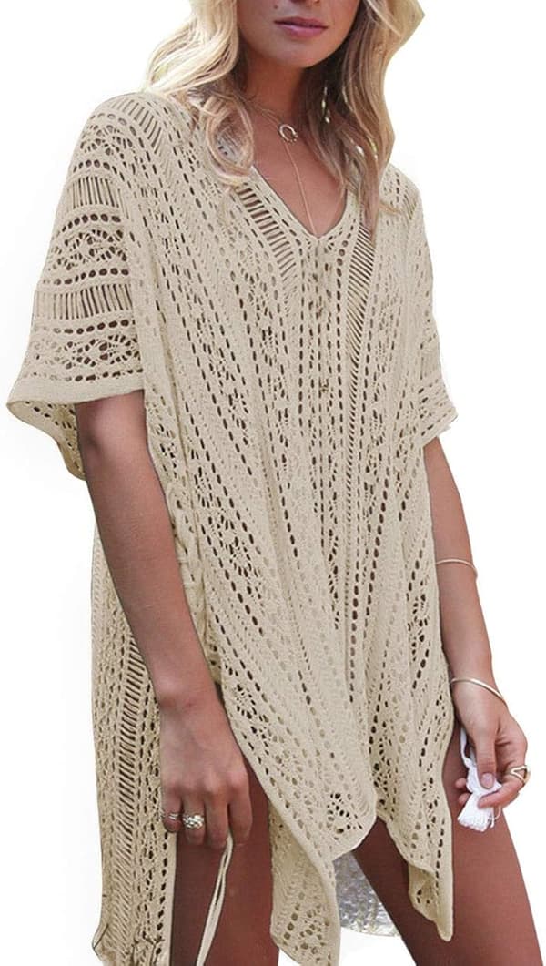 Baddräktsöverdrag för kvinnor V-ringad lös strandbikini Baddräkt Överdrag, Beige, One Size