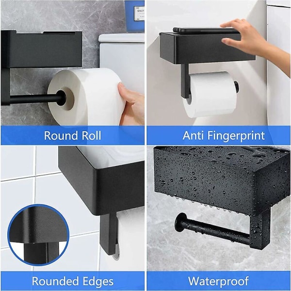 Guiguzi toalettpapirholder Veggfeste i svart rustfritt stål (perforert/ikke-perforert) rullholder med romslige hyller, veggmontert toalettpapir