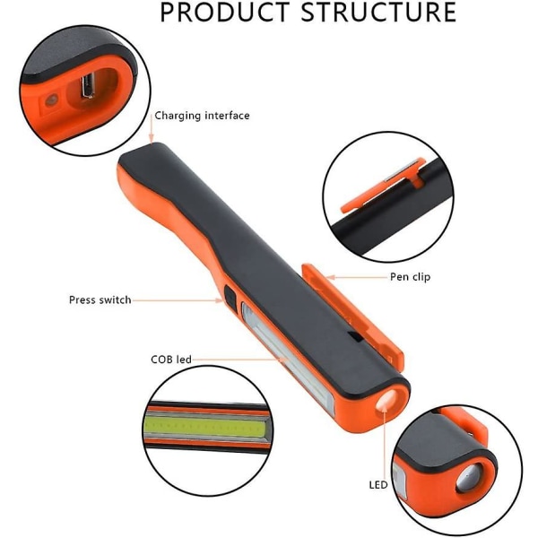 Pocket Pen Arbejdslys, LED USB Genopladelig Lommelygte Bærbar Håndholdt Floodlight Super Bright Nødlys med magnetisk roterende klips til bil