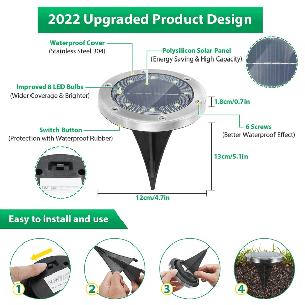 4 STK Udendørs Solar Havelys, Solar Udendørs Forsænket Spotlight 8 LED'er Jordbelysning 6000K Cool White Vandtæt IP65 Havebelysningsarmatur