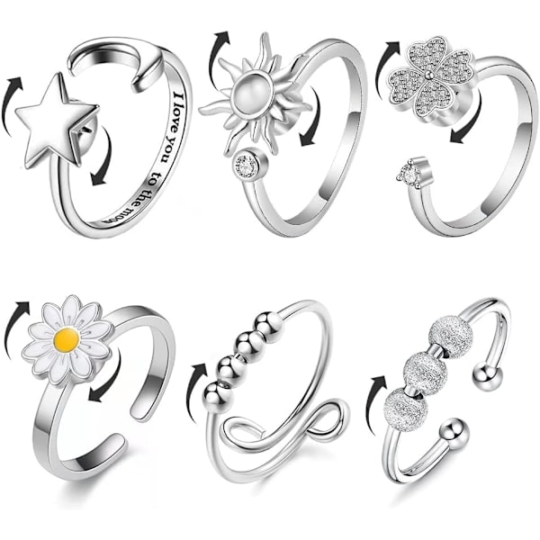 Ångestdämpande Fidget-ringar - Set med 6 justerbara stressreducerande ringar med sol, stjärna, måne, prästkrage och fyrklöver