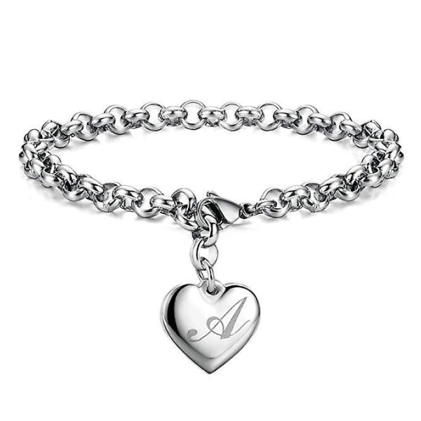 Kvinnors hjärta initialt armband för flickor - Rostfritt stål charm armband kvinnors hjärta armband Gravyr bokstav A