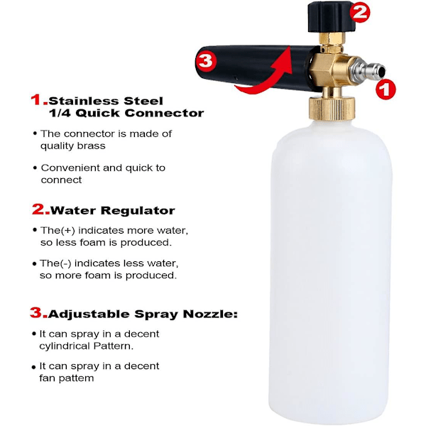 8 Skumkanon med Justerbart Trykk for Trykkvask, Skumvaskpistol 1l Flaske Bilvaskpistol Skumkanon med 1/4 tommers Hurtigkobling