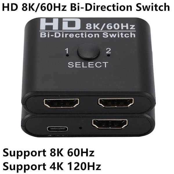 8K 60Hz HDMI-bryter/splitter, toveis 1x2/2x1, HDMI-kompatibel veksler/velger 2 inn 1 ut for projektor PS4/3 Xbox TV-boks bryteradapter