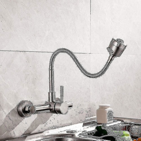 Køkkenarmatur Vægmonteret 304 rustfrit stål vask vandhane 360 ​​drejelig vask vandhane med fleksibel slange