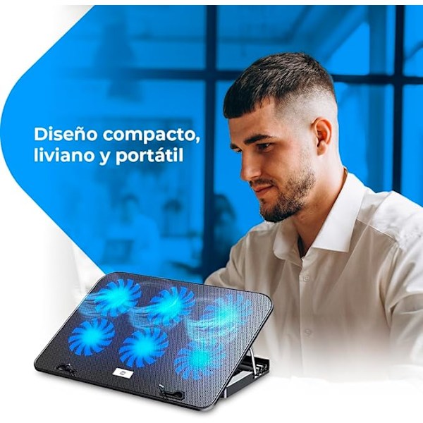 Laptop Køleplade - 12-17 Tommer Laptop Køleplade med 5 Justerbare Højdestativer, 6 Støjsvage Blæsere, 2 USB-porte, Hurtig Køling, Blåt LED-lys - Sort