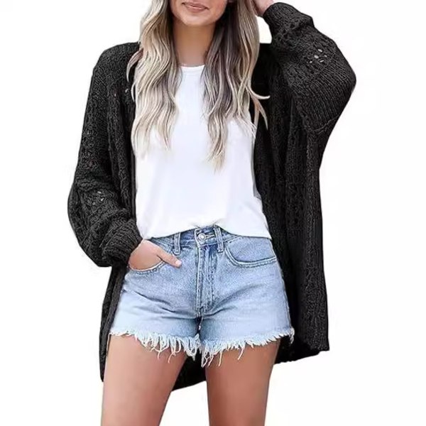 Virkat kofta, kimono, boho, långärmad, lätt, mjuk, oversized svart M