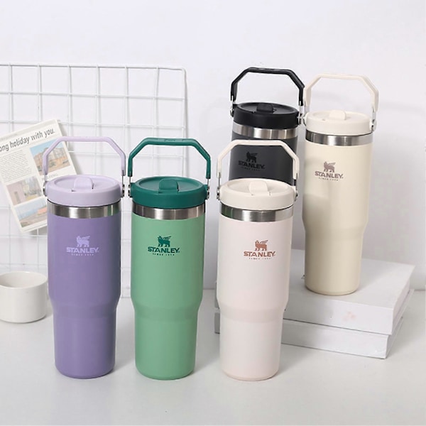 30oz Straw Tumbler i rustfritt stål, vakuumisolerte kopp, lekkasikkert, stor kapasitet, termisk krus for hjemmet, kontoret, hvit