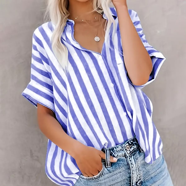 Sommarblus för dam, ledig V-ringad randig kortärmad knappblus T-shirt Denimblå Storlek XL