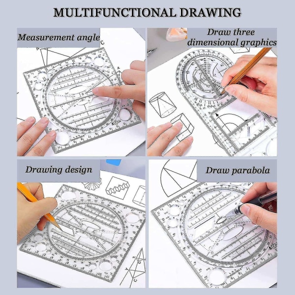 4 kpl Monitoiminen geometrinen viivain Piirustustyökalut Muovinen set Matematiikka Mittaus Piirustus