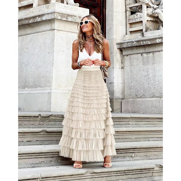 Tulle Maxi Nederdel til Kvinder A-Linje Plisseret Mesh Høj Talje Underkjole Beige L