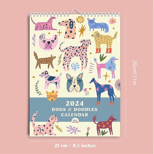 2024 konstkalender A4 månadsväggplanerare & doodles Illustrationer 12 månaders hängande kalender