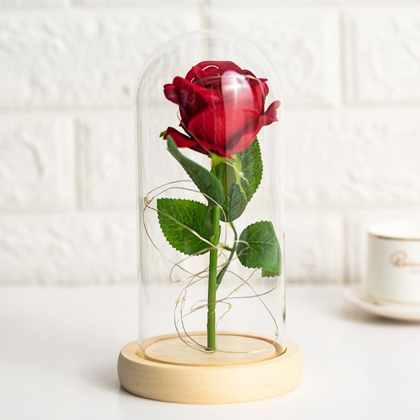 Evig Blomst Glasdækning Valentinsdag Fødselsdagsgave Enkelt Lampe Snor Rose Gave Simuleret Blomst Ornament red