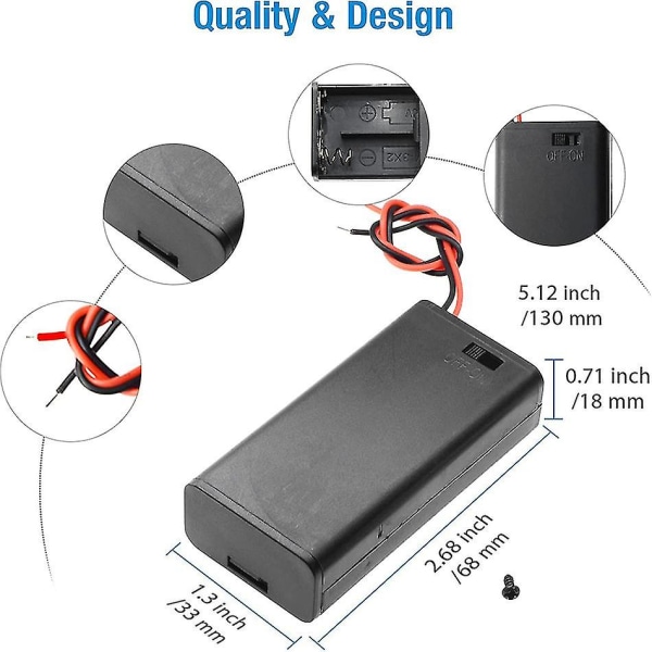 5st 2 Aa batterihållare med strömbrytare 2x 1,5v Aa batterihållare case med sladdar och på/av-brytare