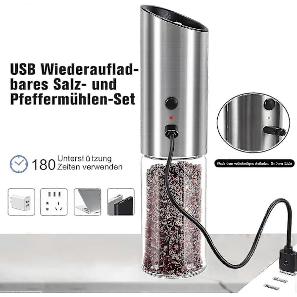 Latautuva sähköinen pippurimylly, sähköinen pippurimylly, automaattinen painovoimainen suola- ja pippurimylly, USB-latautuva, suuri kapasiteetti säädettävä C
