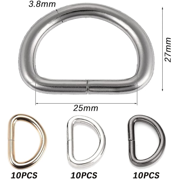 30 stk. D-ringe, 25mm D-ring justering, metal D-ring spænde, taske rem