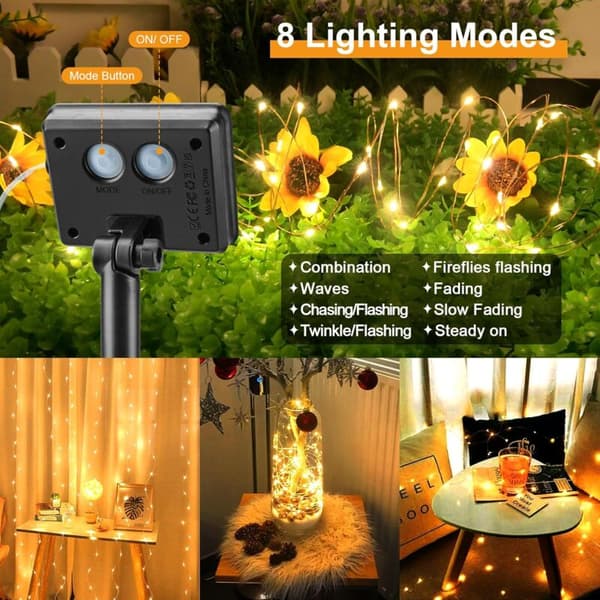 2-pack solcellsslingor 16M 160LED, 8 lägen IPX4 varmvit trädgårdsdekor