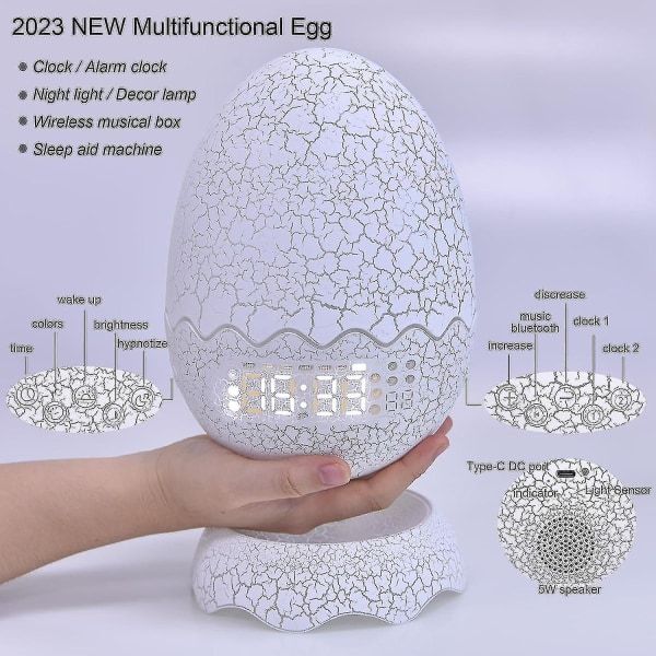 2023 Uusi Dinosaur Egg Herätyskello/yövalo/ketulauluäänilaite/ Bluetooth kaiutin 4-in-1, Kaukosäädin Multi ja musiikkiääni, Viileä dinosaurus