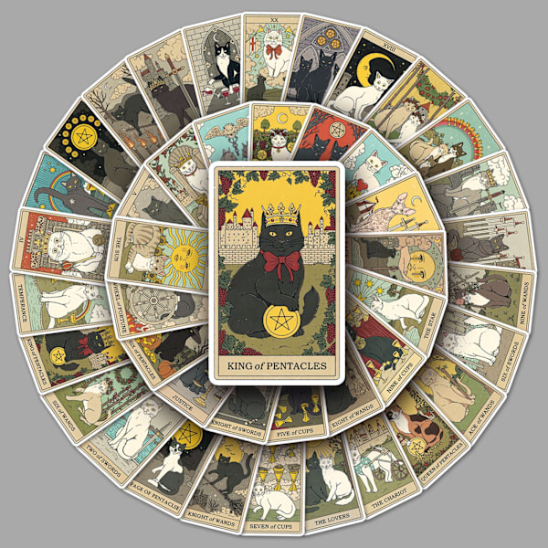 Katt Tarot-klistermärken, 78 stycken per set, PVC, vattentäta, klistermärken, katt, katter, djur, svarta katter, spådom, spelkort, häxkonst
