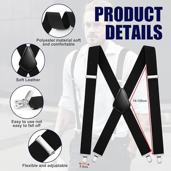 Y-formede seler, 3,5 cm brede justerbare elastiske seler med 4 robuste metalklemmer, unisex til forretning og bryllup