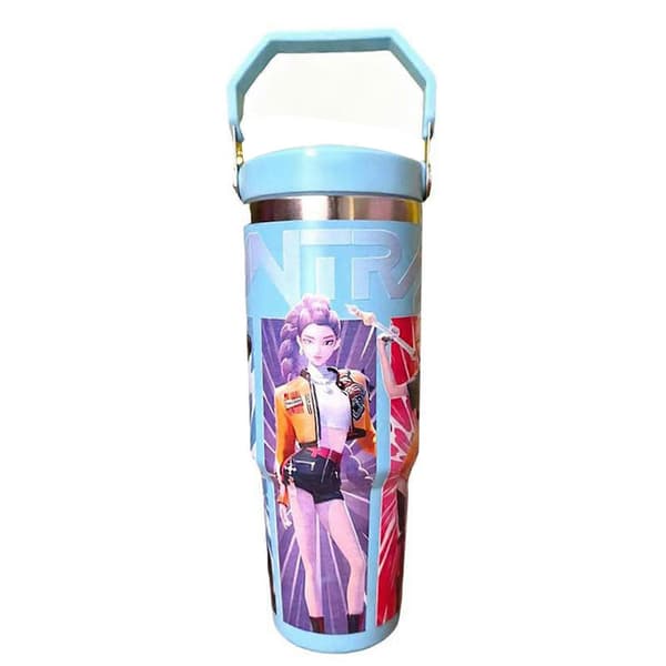 K-Pop Ghost Hunter Isolerad Mugg med Lock och Sugrör - 30oz Rostfri Stålmugg, Barnstorlek Blue