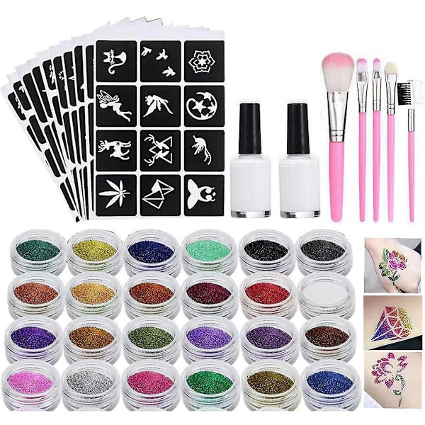 Väliaikaiset Glitter-tatuointisettit lapsille, 24 suurta glitter-väriä kehon glitter-festivaaliin ja juhliin, 5 siveltimellä ja 2 liimalla