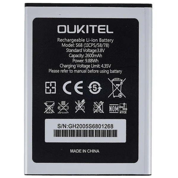 For Oukitel C16 Pro 3.80V 2600mAh oppladbar Li-ion-batterienhet (kode: S68)