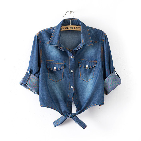 Mote dame fritid 3/4 erme knapp ned beskåret denim topp knute slips denim skjorte jakke blå L