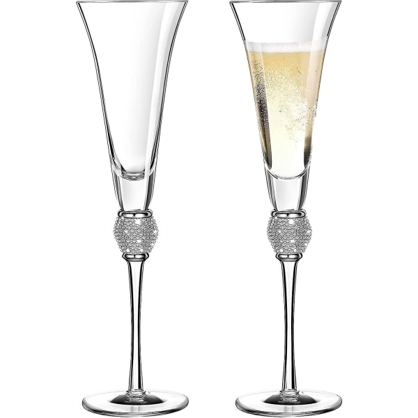 2stk Rhinestone Champagneglass Bryllupsristingsglass Diamantglass Langt håndtak Glassvarer til bryllup, fest, jubileum (sølv)
