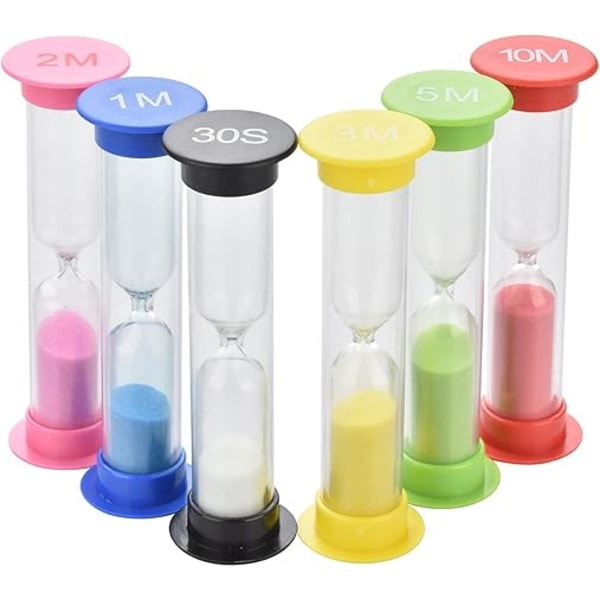 Timeglas 6 stk., 30 sekunder, 1 minut, 2 minutter, 3 minutter, 5 minutter, 10 minutter