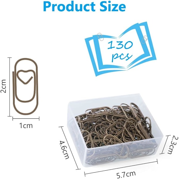 130 hjerteformede papirclips, metallpapirclips, bokmerkeholdere, skolekontorfil sortering bokmerker (kobber)