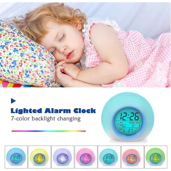 Syntymäpäivälahja lapsille Led-herätyskello 7 väriä, vaihtuva herätyskello, uniystävällinen sisäisellä lämpötilanäytöllä työvanhemmille Uudelleenkäytettävä (li)
