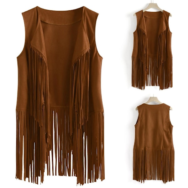 70'er Dame Denim Skjorte Disco Frynse Vest Jakke - Perfekt Khaki M