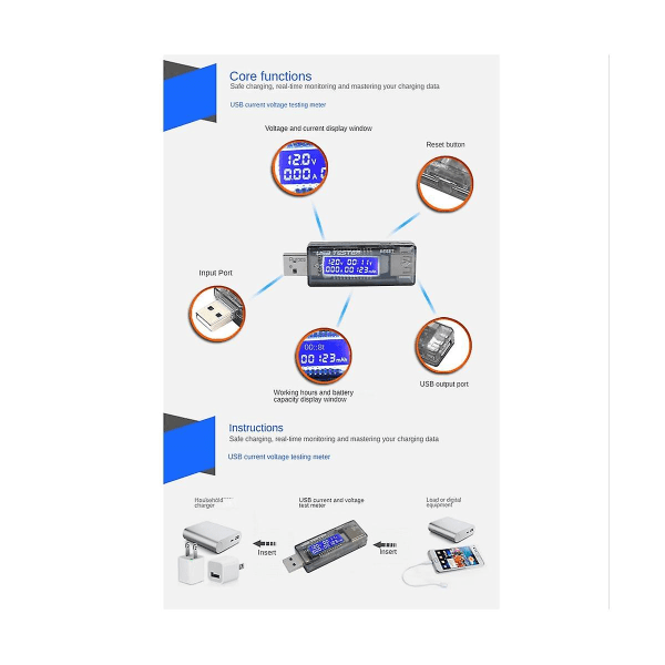 DC Mobile Power Ladestrøm Digital Monitor USB Tester Strøm 0-3A 4-20V Dual Meter Display