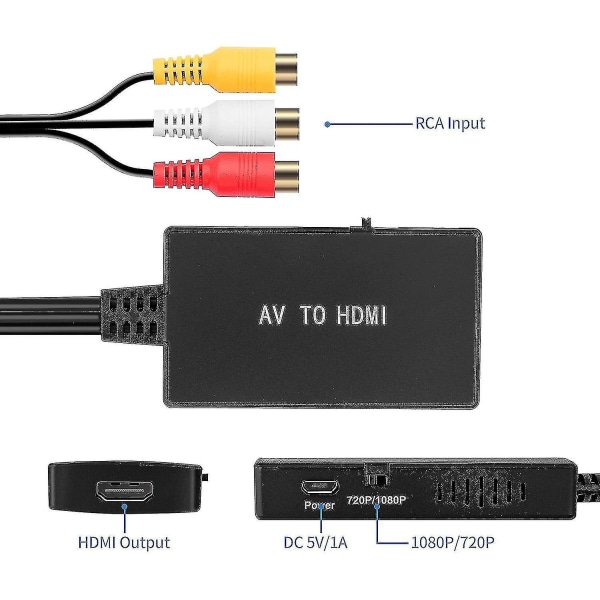 Rca til HDMI-konverter, komposit-til-HDmi-adapter understøtter 1080p Pal/ntsc A