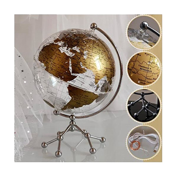 8 tommer verdensglobe, oplyst verdensklode med metalstativ, pædagogisk interaktiv globe, LED-globelampe