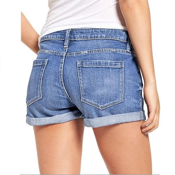 Rippade denimshorts för damer, stretchshorts med fåll --- Ljusblå (Storlek XL)